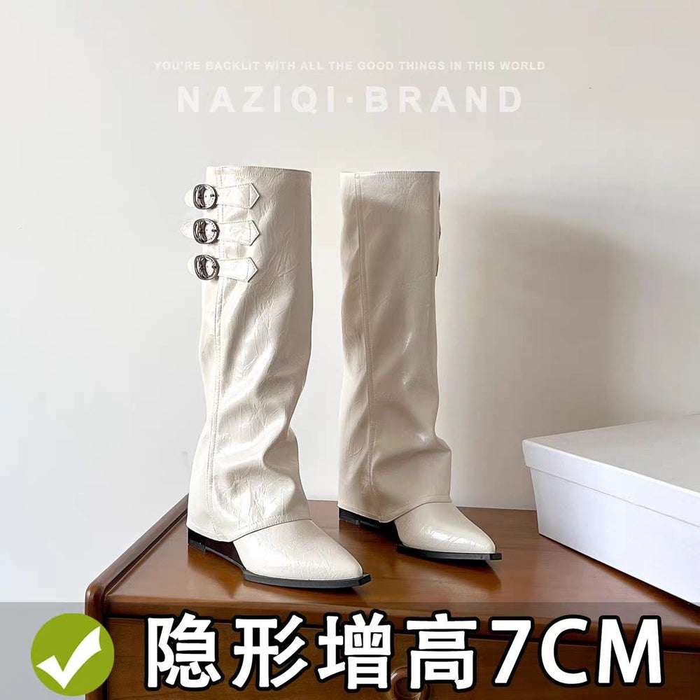 2025new arrival pointed toe pile boots women's belt buckle hidden heel over the knee knight boots fall and winterfrenchslimming look boots