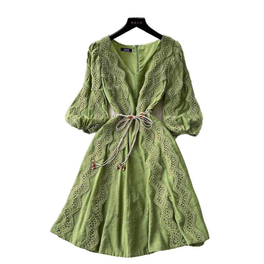 Frenchretrocut outlacepatchwork lantern sleeve slimming lookdress women's waist elegantv neckelegance midi skirt