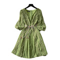 Frenchretrocut outlacepatchwork lantern sleeve slimming lookdress women's waist elegantv neckelegance midi skirt