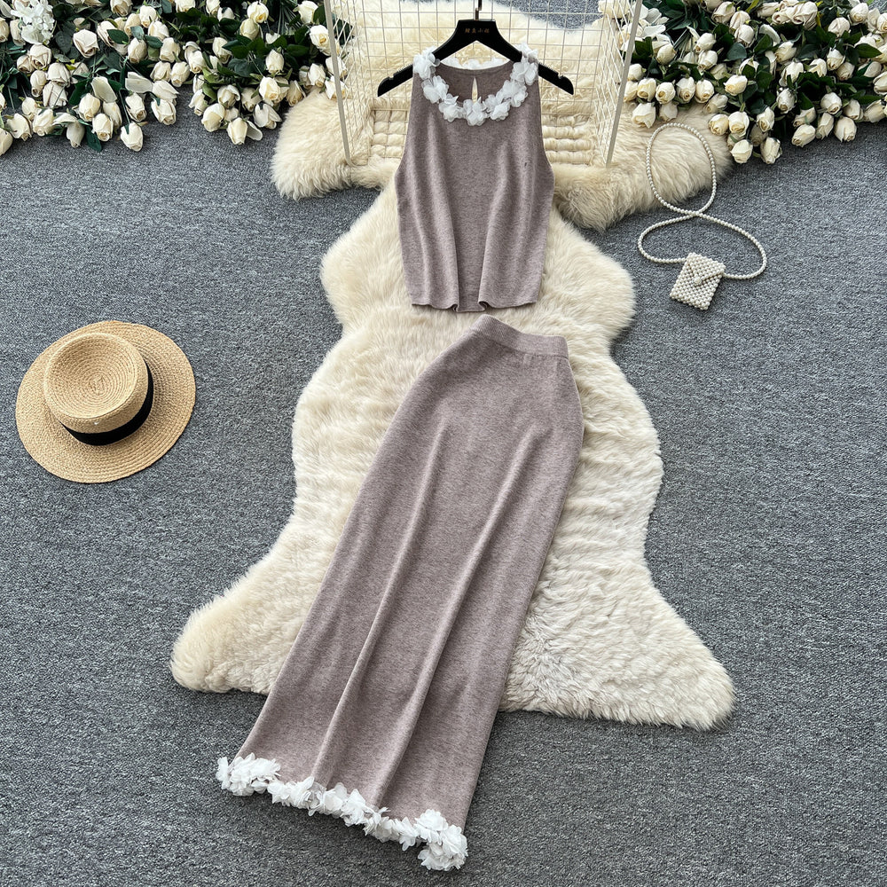 Light mature style vest skirt stereo flower suit women's summerfashioneasiest for match decoration two-piece setelegancesuit