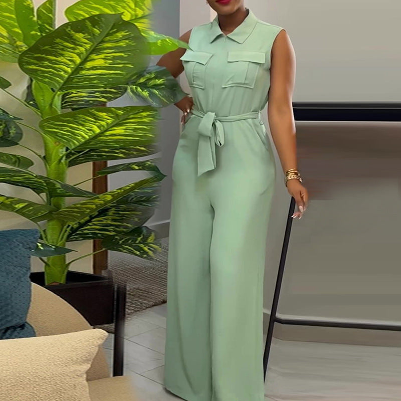 Ready-to-ship european and american women's clothing:  summer new arrival - turn-down collar, pocketed, cinched waist, loose wide-leg sleeveless jumpsuit