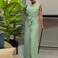 Ready-to-ship european and american women's clothing:  summer new arrival - turn-down collar, pocketed, cinched waist, loose wide-leg sleeveless jumpsuit
