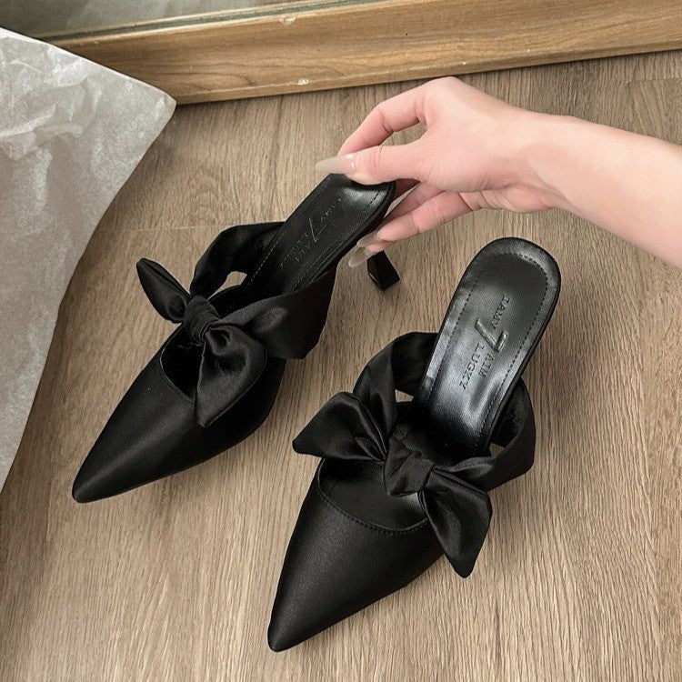 High heels for women 2025 spring and summer new arrivalfrench tweed style toe-cap half-pointed toe bowsoutwear slippers for women