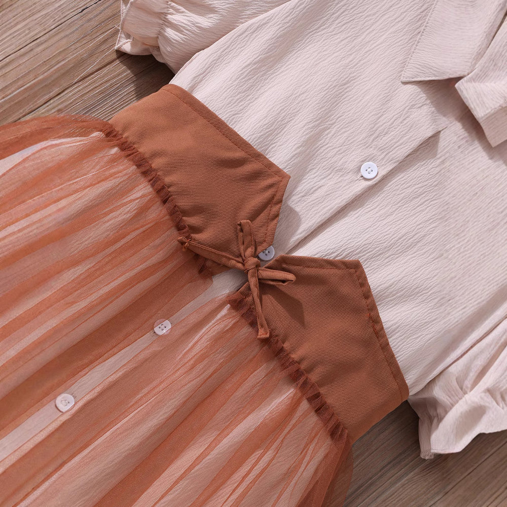 Girls' (tall) solid color short-sleeve polo collar dress with waist tie and mesh panel detail