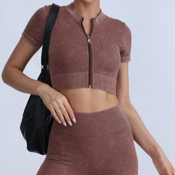 Women's new autumn and winter zipper short-sleeved top jacket, yoga trousers two-piece set, hip lift rib wash