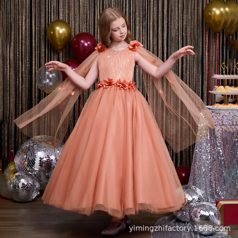 Custom-made girls' tulle dress, longline bow detail, children's princess gown with shawl, elegant european and american style, cross-border e-commerce