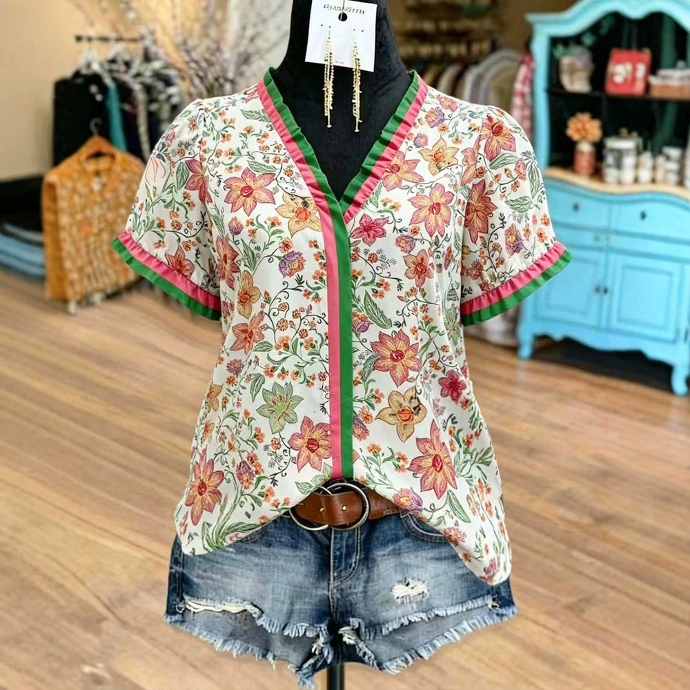 fashion  summer new arrivalcontrast color fungus v neckfloralsprintingtopscasual short sleeve shirt