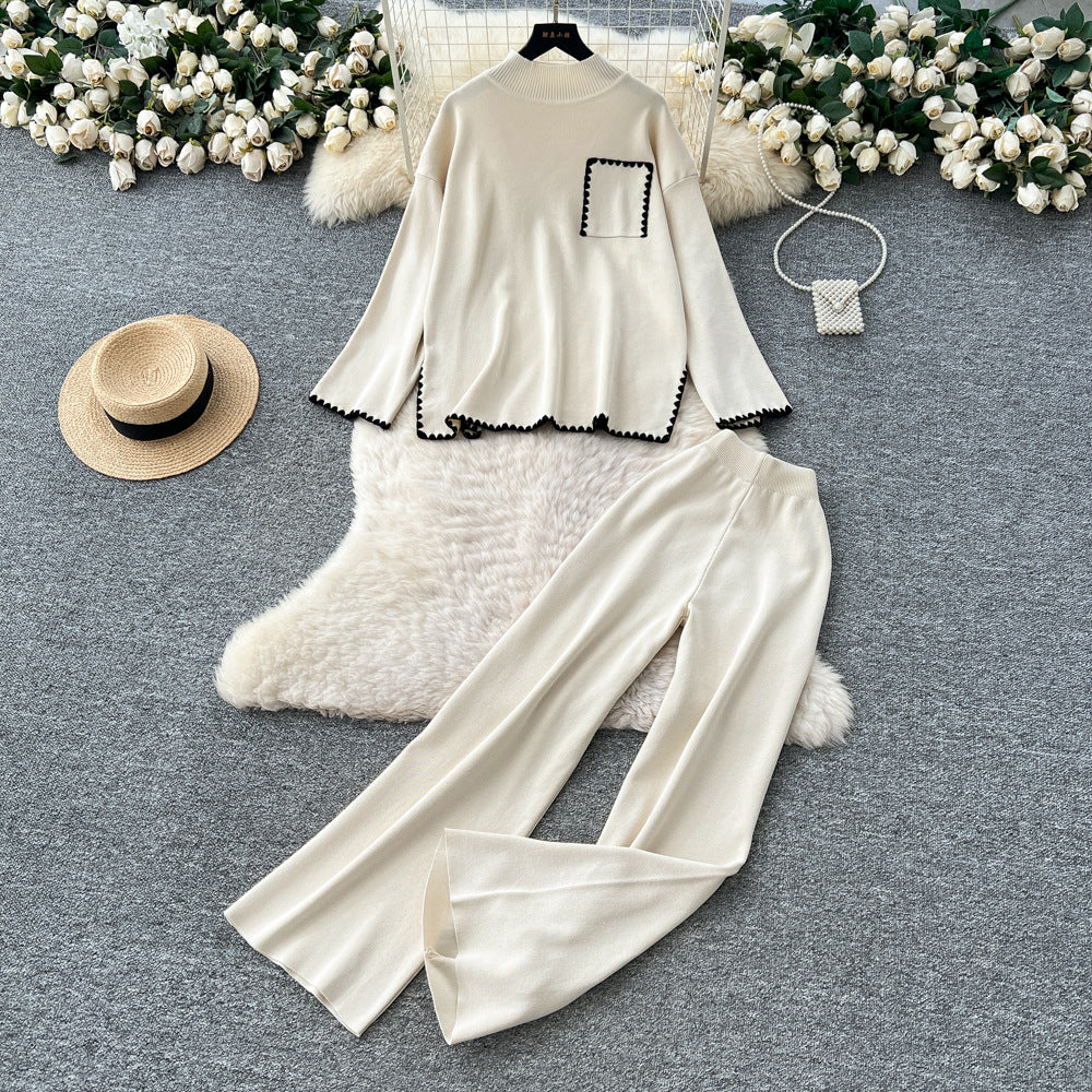 Women's sweater set - autumn/winter loose fit fashion color block crew neck long sleeve knit top & high waist wide leg pants two-piece outfit