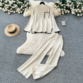 Women's sweater set - autumn/winter loose fit fashion color block crew neck long sleeve knit top & high waist wide leg pants two-piece outfit
