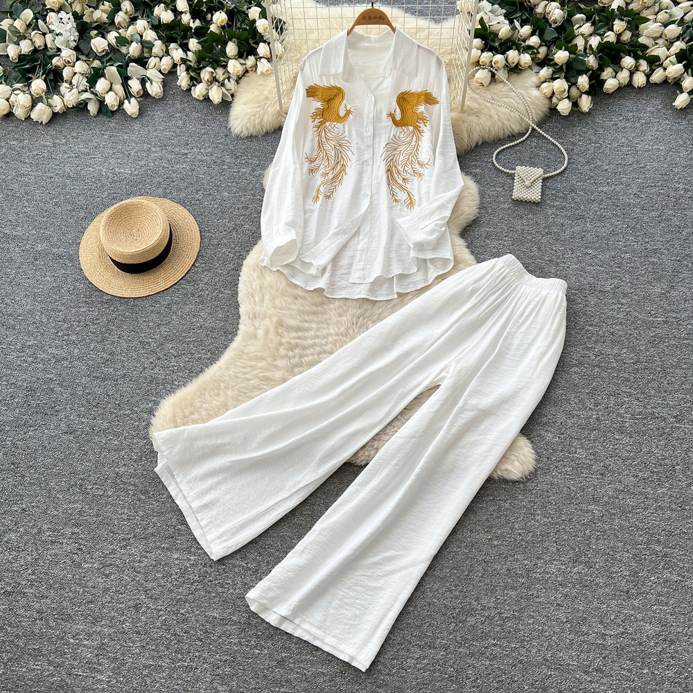 Lazy style pink embroidershirtloose pantstwo-piece setfemaleautumwork clothingslimming lookelegantsuitcasual