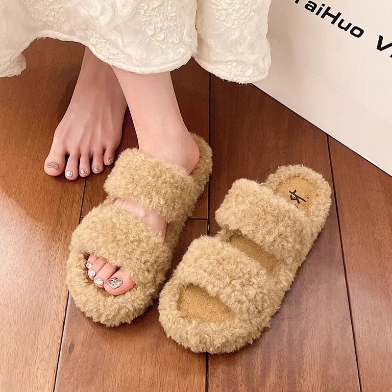 Casualeasiest for match fur slippers for women outwear2025fall and winternew arrivalthick sole cross curly hairheattech lazy flip-flops