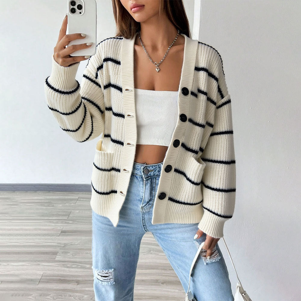 Cross-border TK versatile loose striped sweater new autumn and winter casual versatile lazy wind knitted sweater cardigan jacket