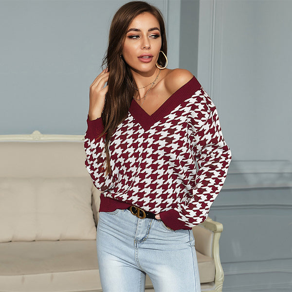 Independent Station Cross-border Foreign Trade Europe, America, Long Sleeve Thousand Birds Grid Jacquard V-Neck Bottom Knitted Sweater Women's Autumn
