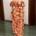 European and american cross-border women's fashion:  autumn/winter new arrival - elegant off-the-shoulder printed ruffle trim slimming dress
