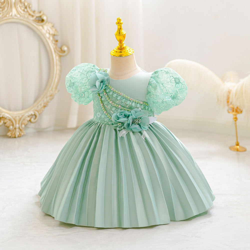 Ready-to-ship baby girl's evening gown, featuring delicate lace and a princess silhouette. perfect for model photoshoots, piano recitals, and special occasions