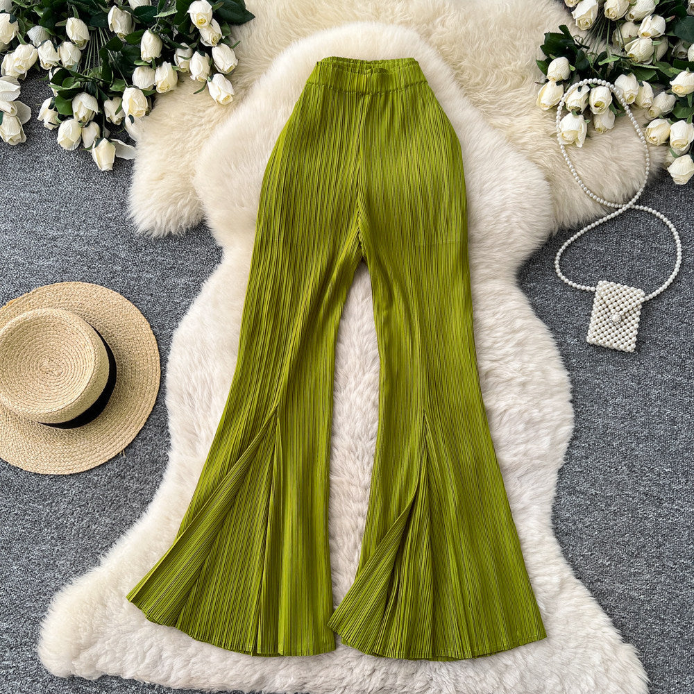 K-stylehigh waistdrapedknitting elastic waist wide leg pants women's spring and summerwork clothing styleeasiest for match silm bootcutpants