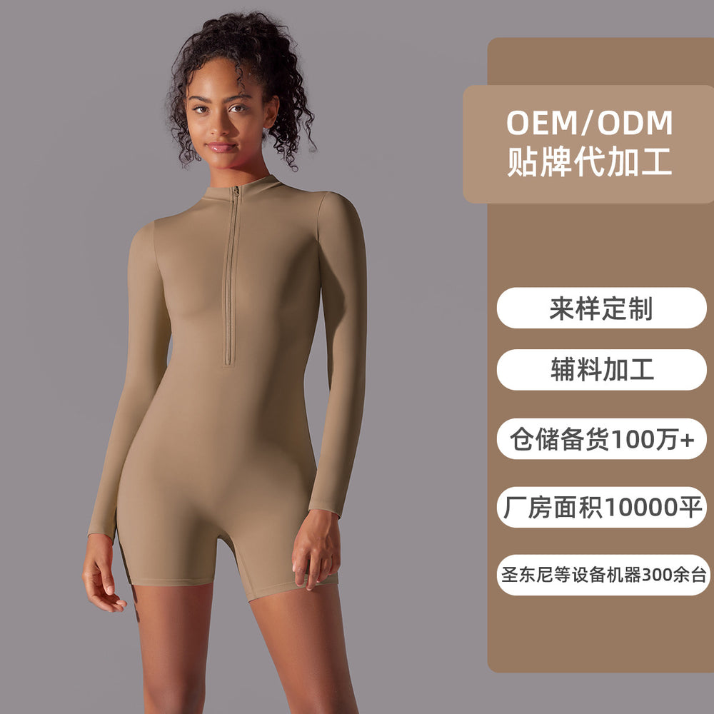 Half-open collar zipper long sleeves jumpsuit fitness sports sexy tight jumpsuit brushed nude comfortable yoga clothes