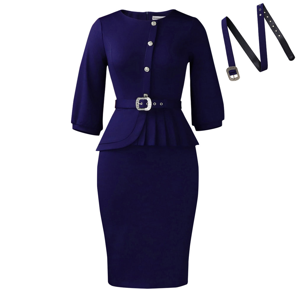 D607 new european and american elegant stretch bodycon round neck ruffle high waist chic bodycon solid color export dress