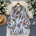 French chic print blouse - women's long sleeve, relaxed fit, open front cardigan - versatile & slimming top for work & casual wear - autumn  collection - effortless style