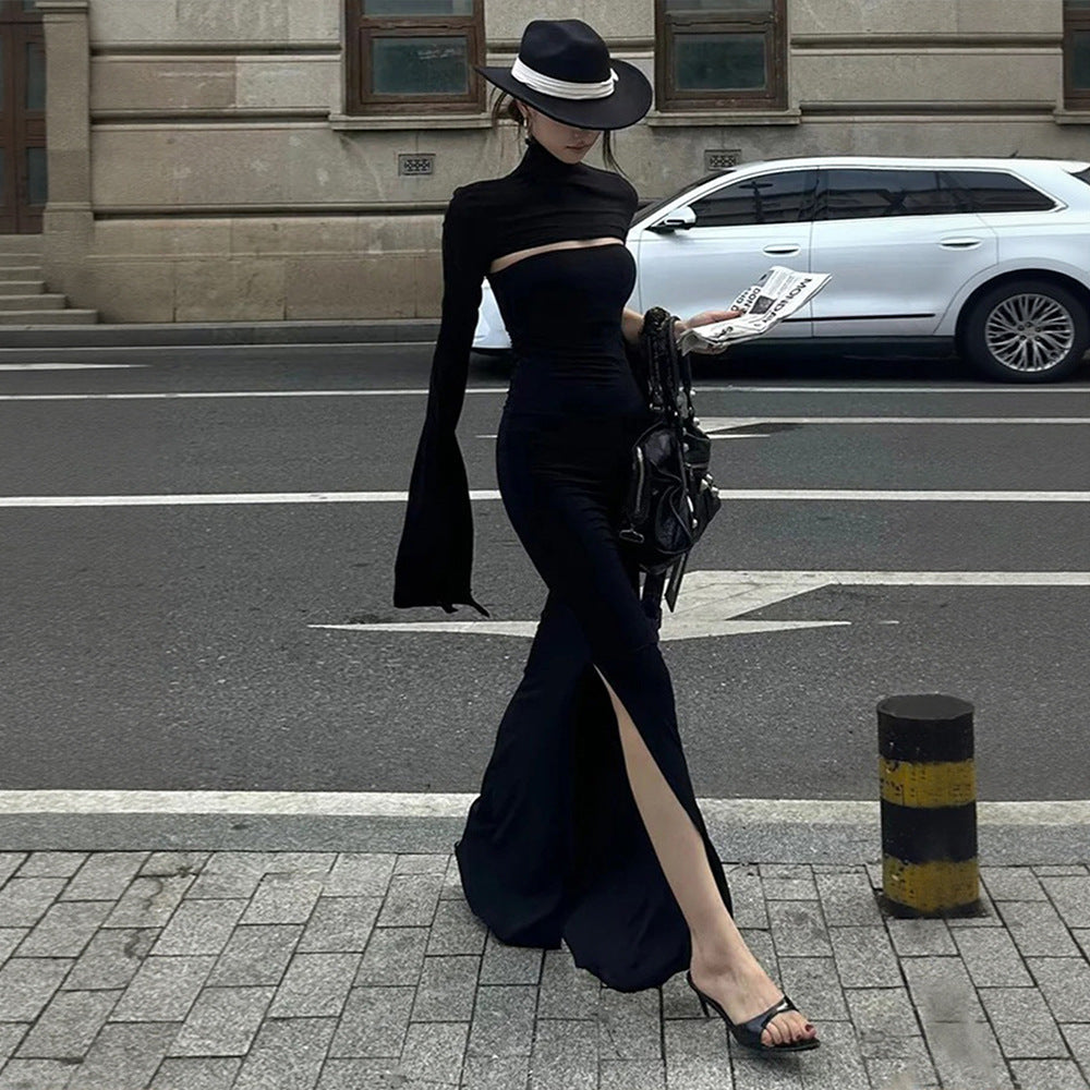 European and american niche design high-end black slim-fit mermaid dress with high neck, cutouts, slit, and slimming long dress