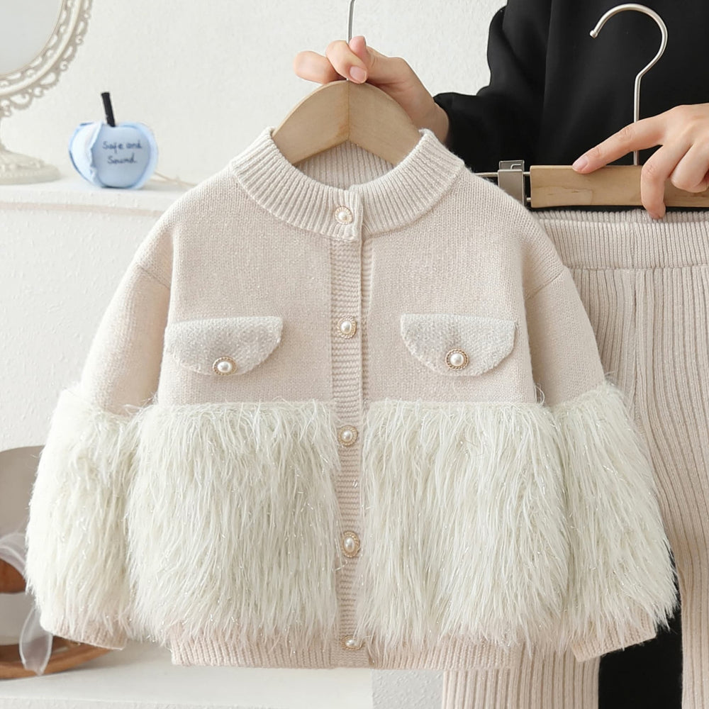 Girls' fuzzy solid color cardigan knit set - new  korean style kids' sweater two-piece outfit for autumn and winter