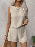 Exportfashion loose work clothingsuit breathable linen sleeveless short tops drawstring high waist wide leg shorts two pieces