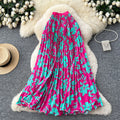 French chic printed high-waisted slimming a-line pleated midi skirt - perfect for vacation or work