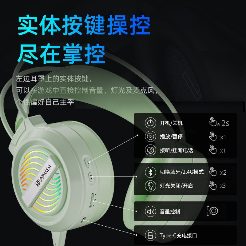 Over-ear bluetooth wireless tri-mode 2.4g gaming headset with noise cancellation and rgb lighting for mobile phones and tablets