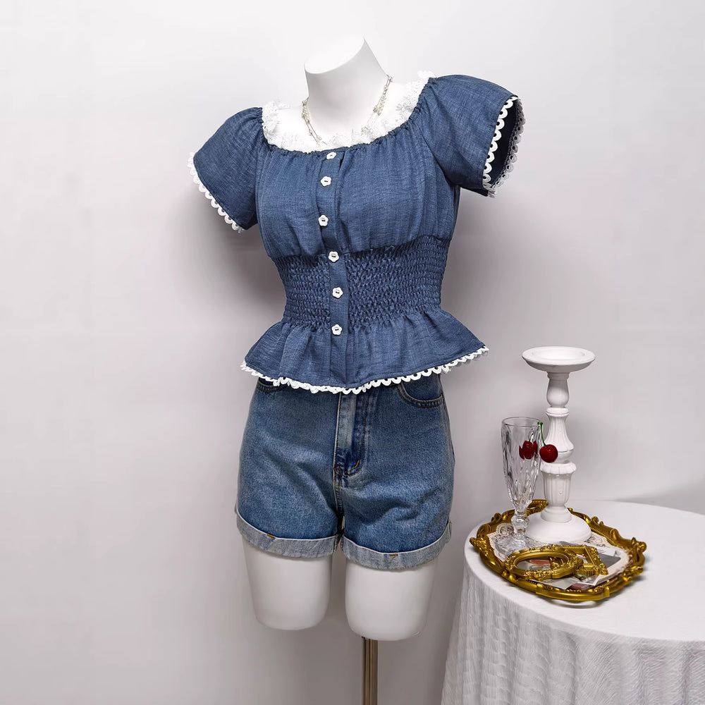 Ready stock - 195051# european and american export cross-border niche beautiful unique puff sleeve women's slim-fit flattering blouse