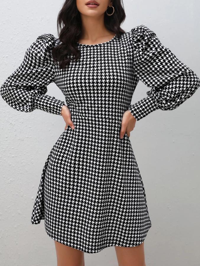 European and american cross-border   fall/winter new arrival: houndstooth chic elegant slim-fit puff sleeve women's dress