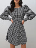 European and american cross-border   fall/winter new arrival: houndstooth chic elegant slim-fit puff sleeve women's dress