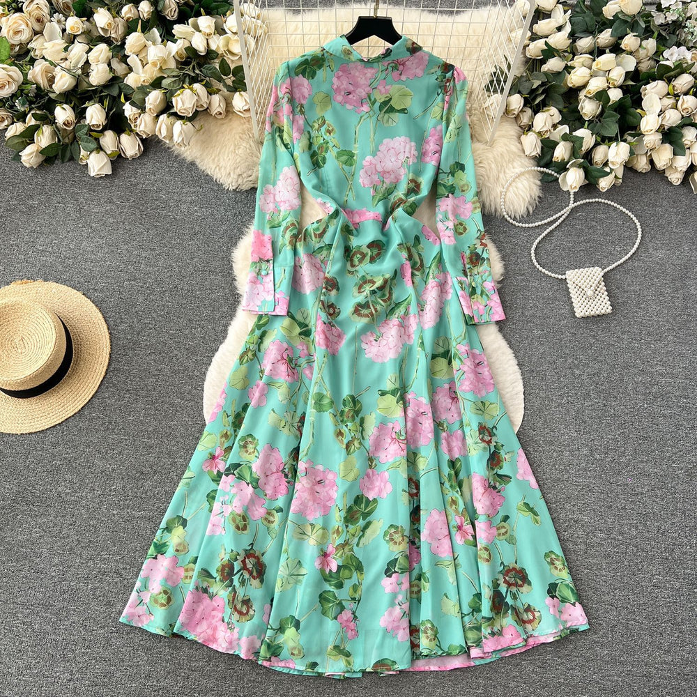 Frenchretro style floral shirt collar dress women's spring waist slimming lookclassy senseaccessible luxury socialite large swing skirt