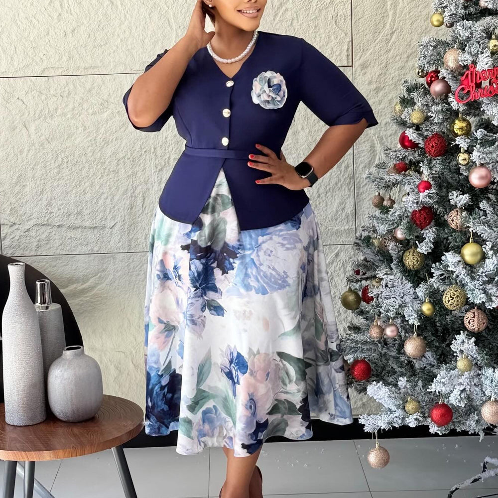 D630 african women's fashion european and american cross-border summer chic printed patchwork five-sleeve faux two-piece export dress
