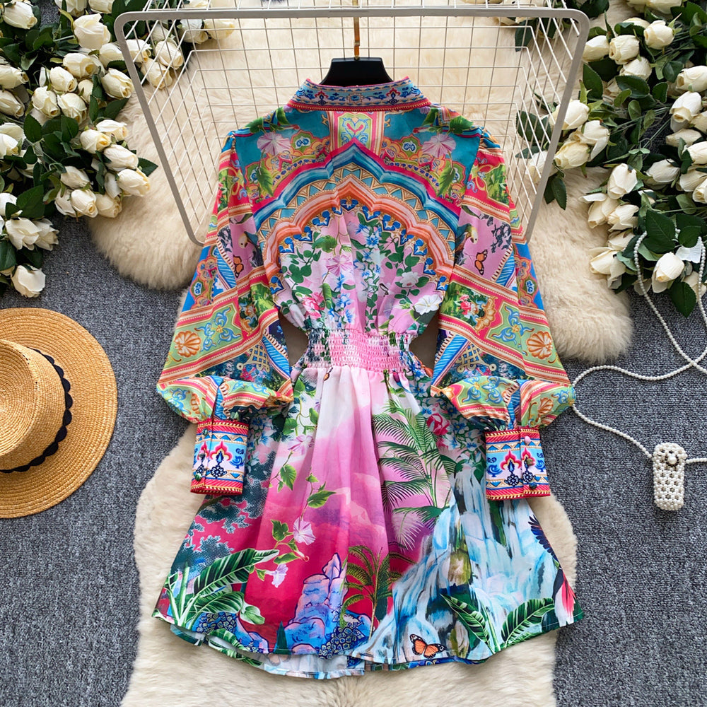 Bohemian print shirt collar tie-waist dress - women's summer korean style long sleeve a-line dress - vacation vibe