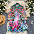 Bohemian print shirt collar tie-waist dress - women's summer korean style long sleeve a-line dress - vacation vibe