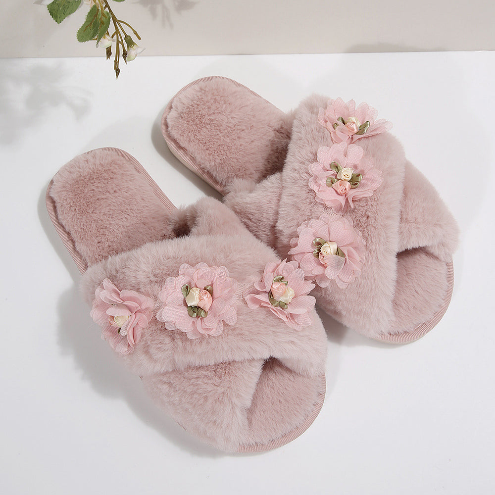 2025 new autumn fuzzy slippers for women - stylish floral design, indoor home use, flat cross-strap, warm plush cotton slippers