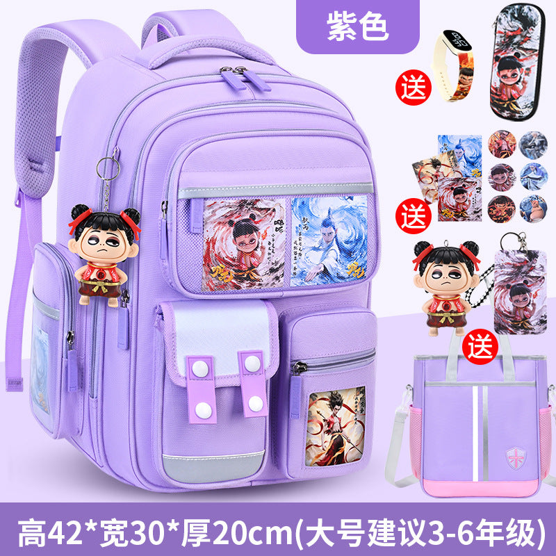 New nezha backpack for boys and girls, grades 1-6: spine protection, lightweight design, and extra-large capacity
