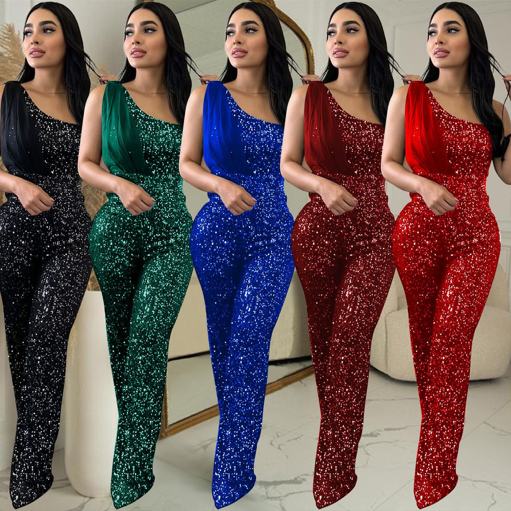 C6778 cross-border   fashion women's solid color sleeveless one-shoulder sequin pants jumpsuit