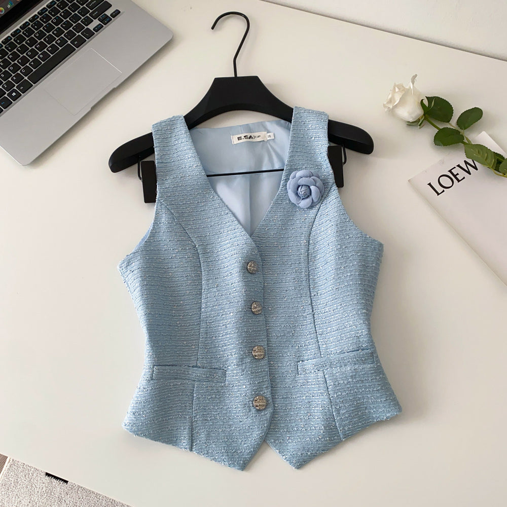 Xiaoxiangfeng socialiteclassysense stereo flower v neck sleeveless sequinvest women's layered outer shorttops