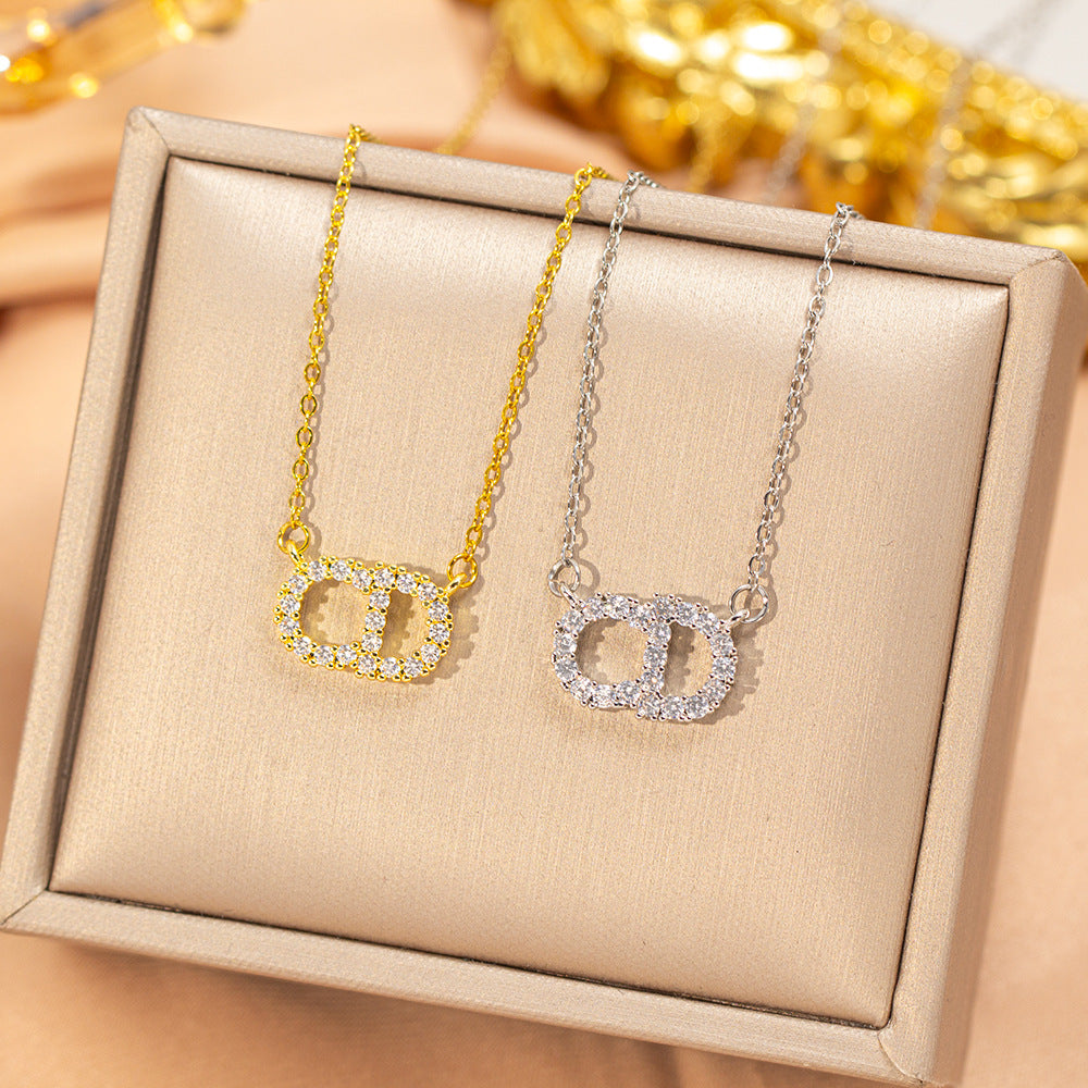 【titanium steel】korean & japanese style hot-selling full diamond letter cd necklace - women's lightweight luxury fashion high-end clavicle chain accessory