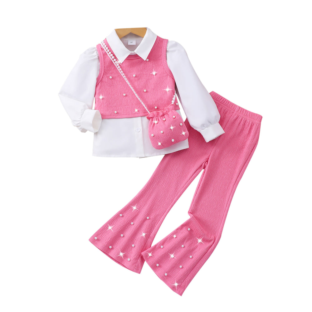 Girls' two-piece set (toddler): long-sleeve shirt + vest + pants + bag (four-piece set)