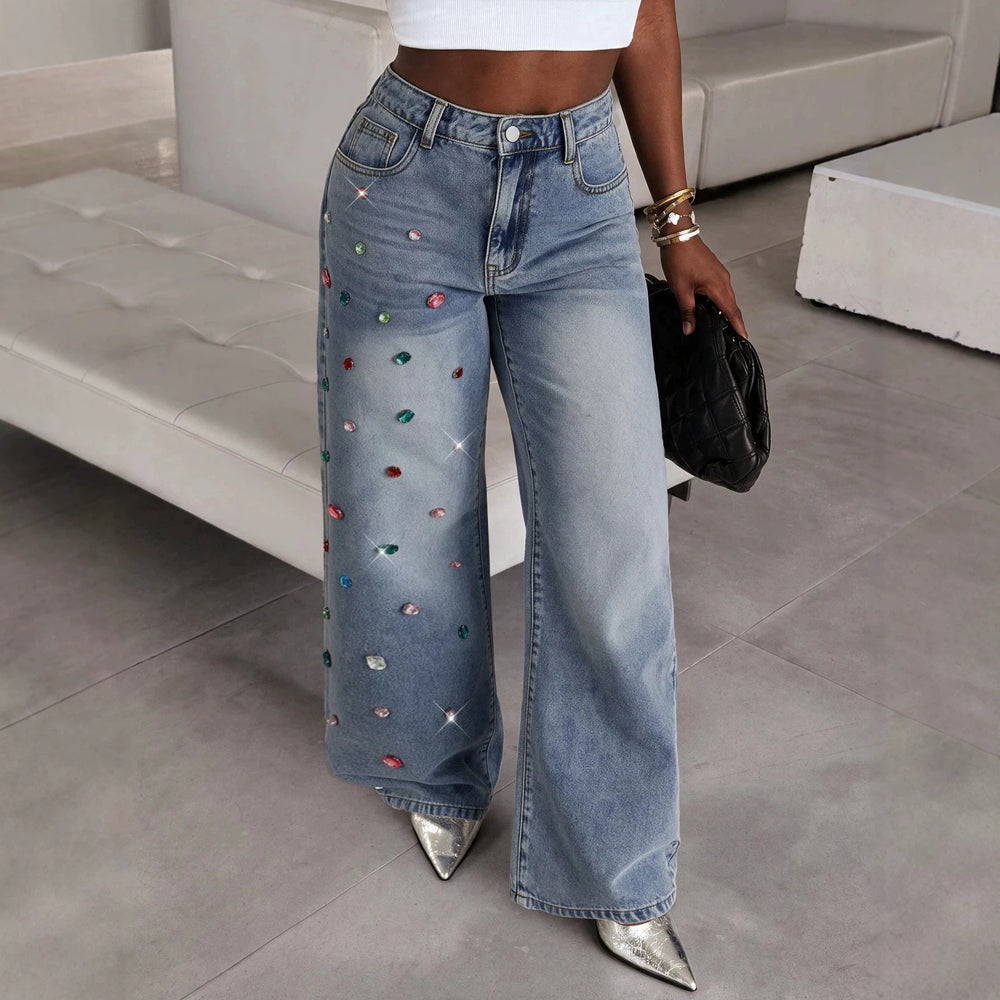 Fashionjeans women's high waist washed hot diamond wide leg mop pants export hot girl heavy industry sparkling diamond denim pants