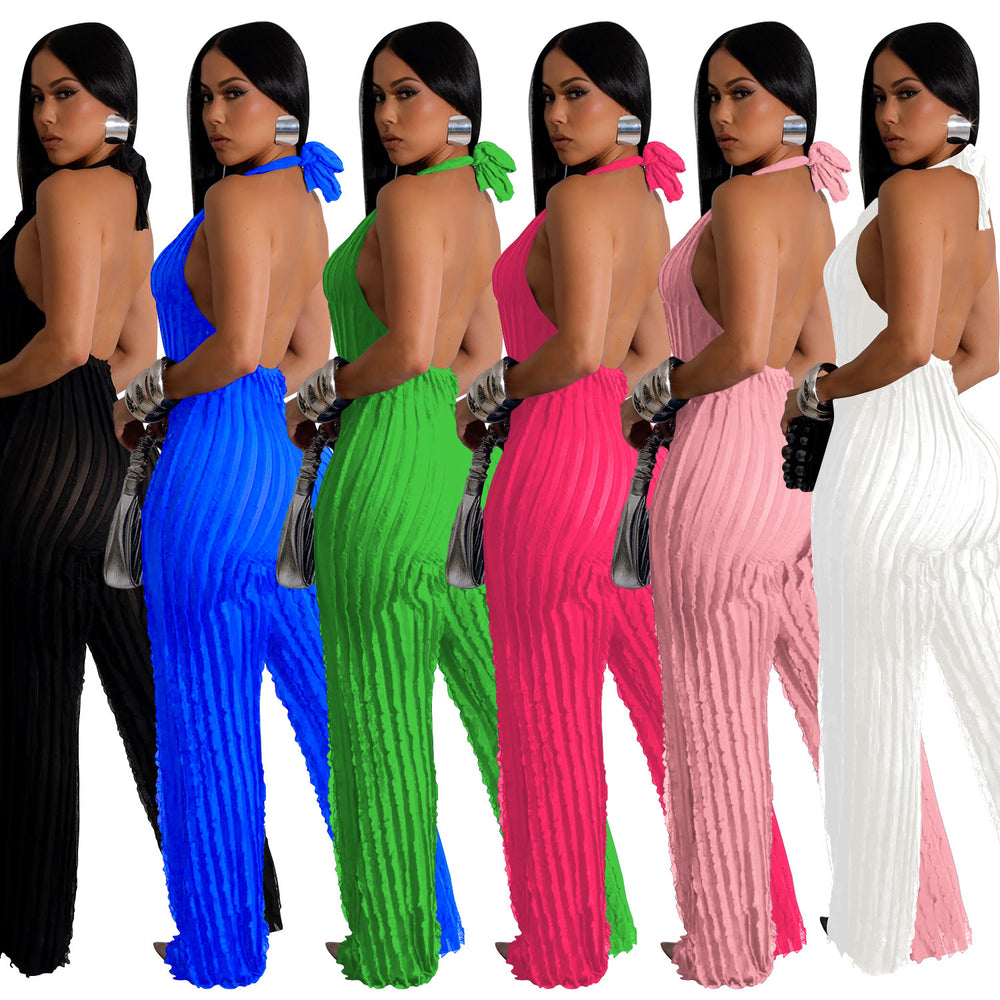 C6737 cross-border   fashion women's solid color backless deep v pleated halter bodysuit
