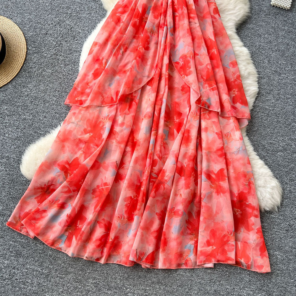 Frenchsexy deep v neck halter dress women's summer waist elegant ruffles large swing printing long skirt