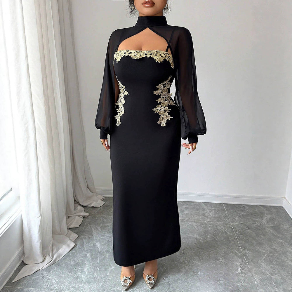 Exportaccessible luxury styleplus size dress skirt mesh long sleeves hollow out chest gold thread embroider waist slimming look fishtail style