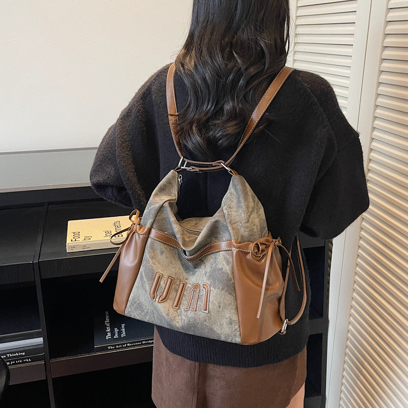 Casual retro large capacity tote bag women's 2025 new single/double shoulder backpack trendy versatile crossbody commuter bag