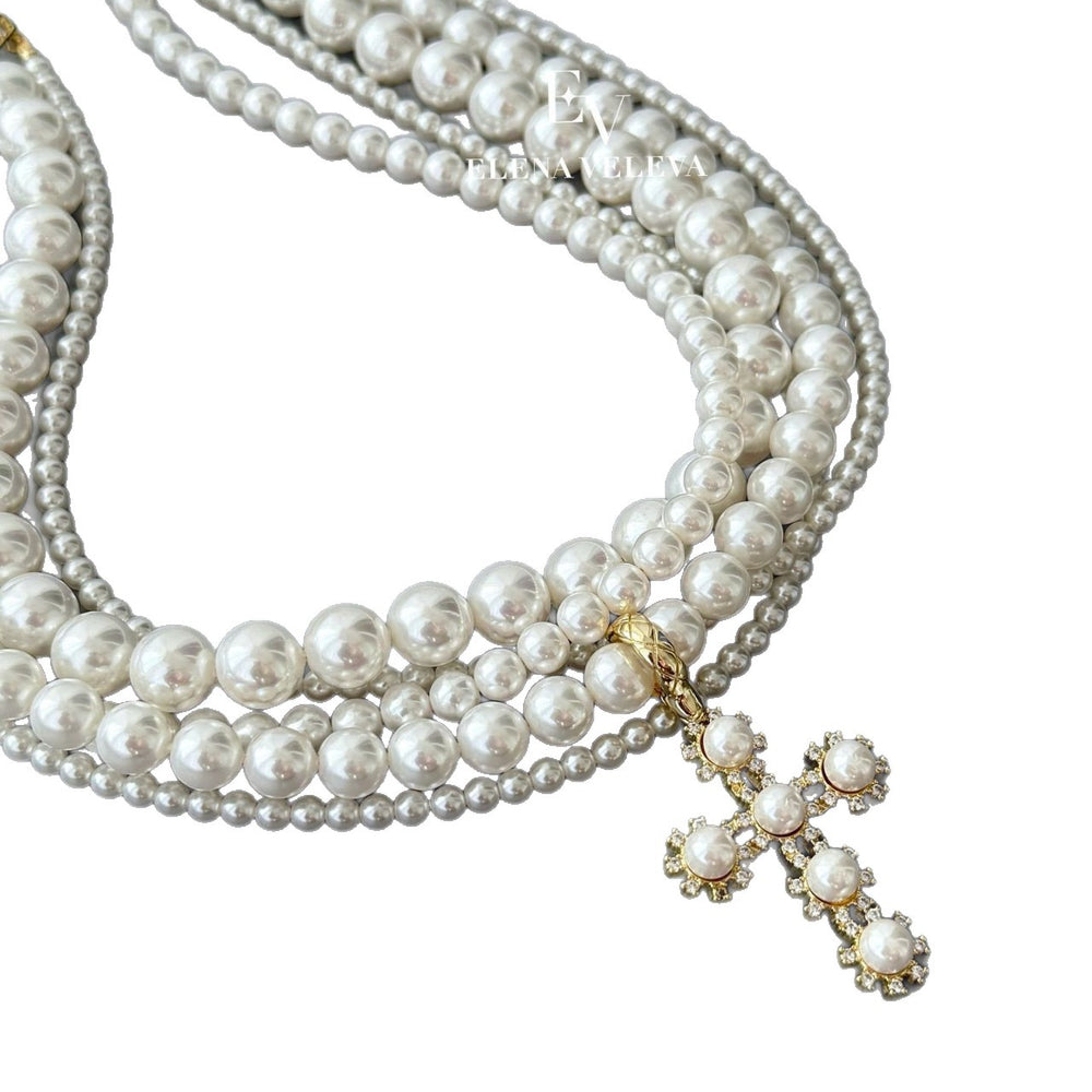 European and american multi-layered imitation pearl necklace frenchretroaccessible luxury sweet cool inlaid pearl cross pendant necklace for women
