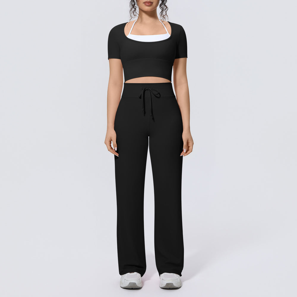 Fake two-piece sports short-sleeved yoga suit with chest pad, drawstring wide-leg straight-leg pants, quick-drying running fitness suit