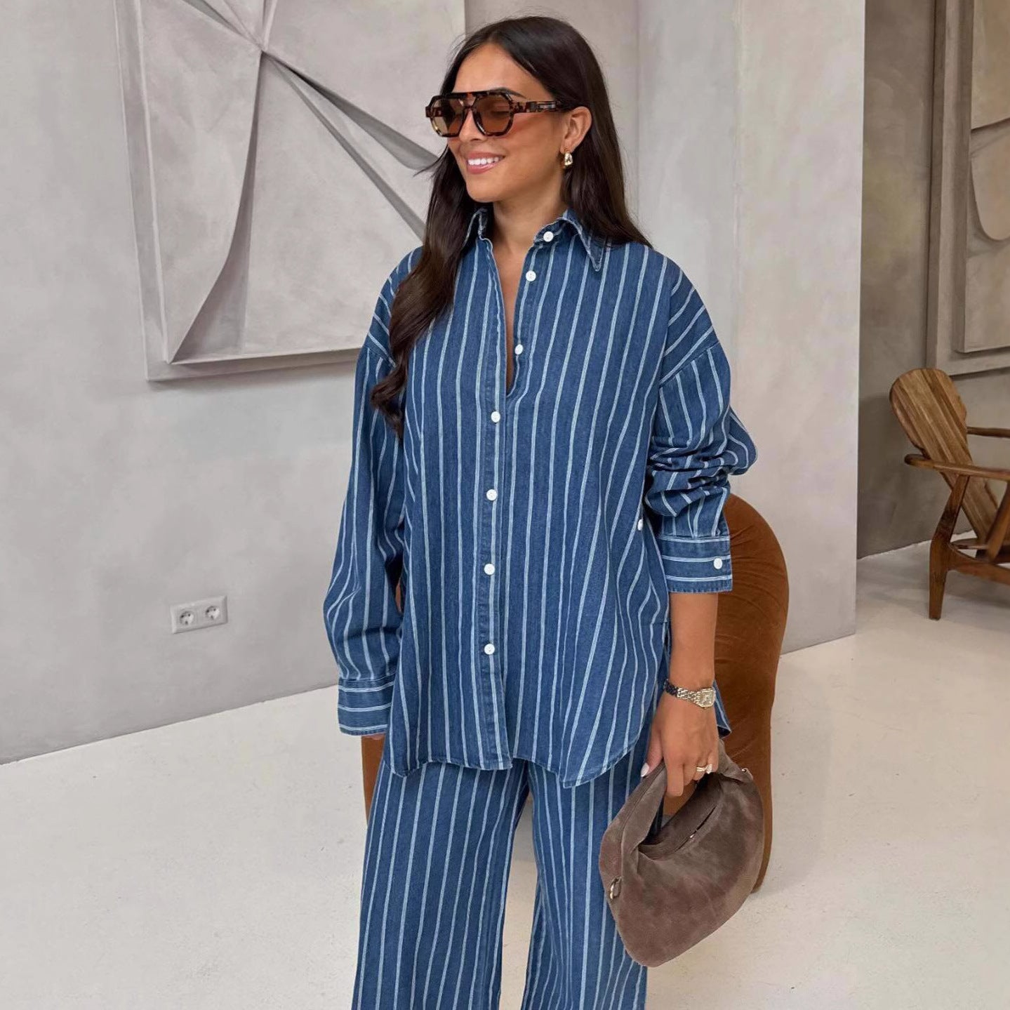 European and American long-sleeved casual lapel cardigan striped shirt women's African foreign style large size new women's trousers two-piece set