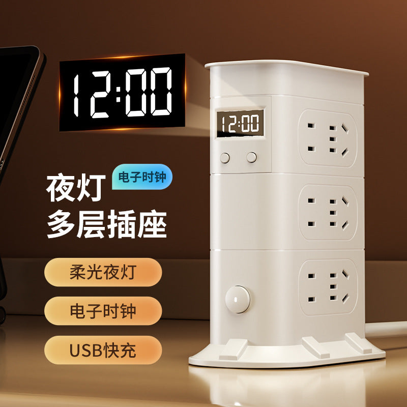 Multi-functional usb power strip socket - dorm room student power strip with long cord, home office desk panel with clock and night light